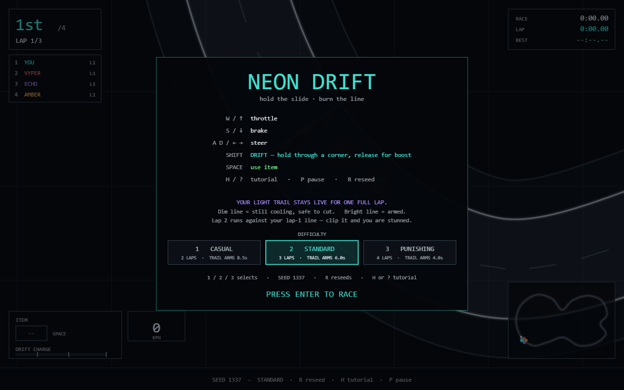 Neon Drift — A top-down neon racer where the corner pays: hold the slide, burn the line, release for the boost.
