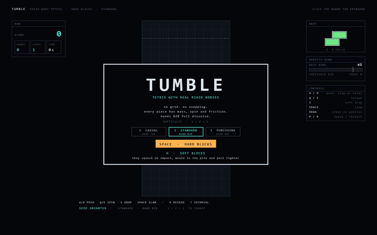 Tumble — Physics tetris — bands dissolve at 88 percent full, and nothing lands square.